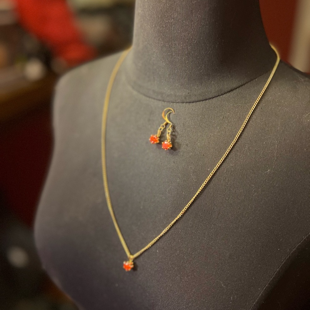 Elegant Gold Necklace and Earring Set with Red Accents